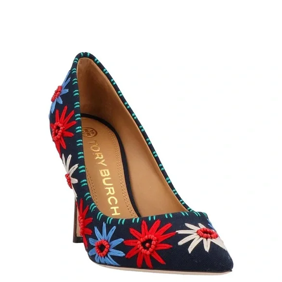 Tory Burch Navy Heels with Floral Embroidery - Picture 4 of 10